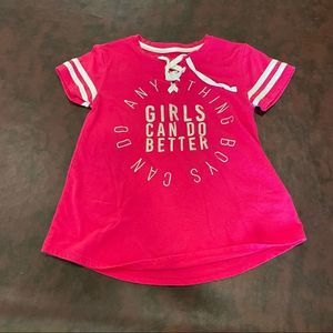 Pink graphic T-shirt | “Anything boys can do girls can do better.” | Size‎ Small